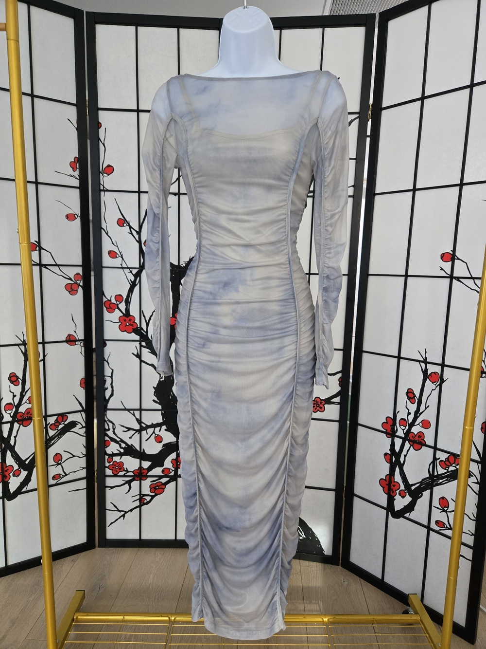 Ruched Mesh Maxi Dress